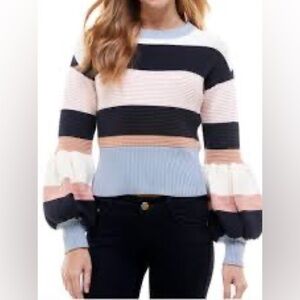 TCEC STRIPE MOCK NECK PEPLUM PASTEL, BISHOP SLEEVE SWEATER SIZE S: